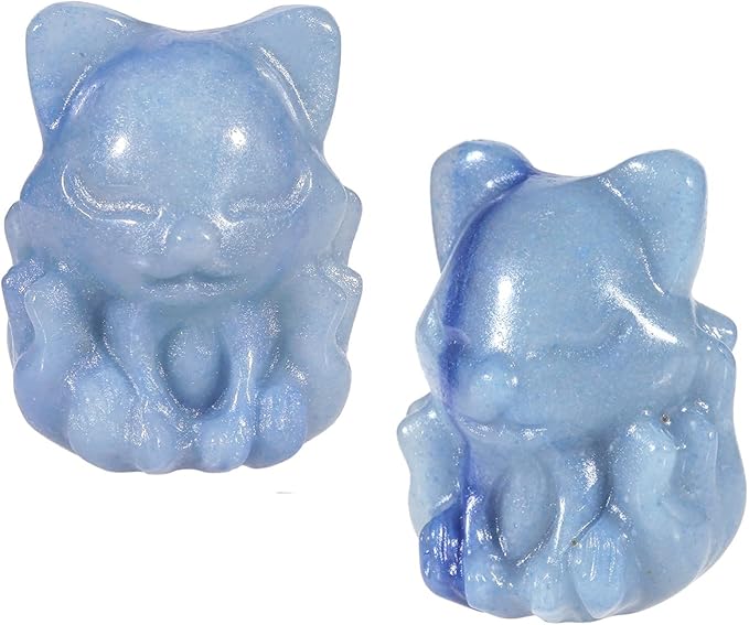 mookaitedecor 2 件装蓝色东陵水晶九尾狐狸雕像,手工雕刻动物雕像石